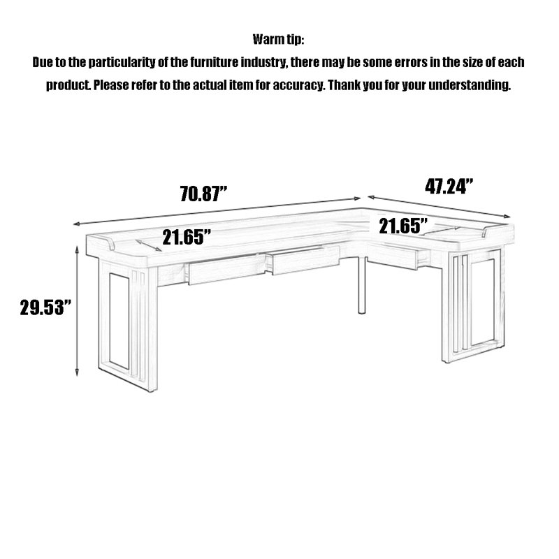 Bureau moderne en L en bois massif avec tiroirs, H 29,53 po x l 70,87 po x P 47,24 po