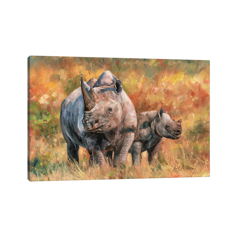 Rhino And Baby by David Stribbling - Gallery-Wrapped Canvas Giclée on Canvas, 20.32 cm H x 30.48 cm W, Canvas