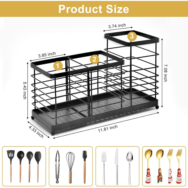 Stainless Steel 3-In-1 Kitchen Utensil Holder With Removable Divider, Open-Style Design, Large Countertop Organizer For Cooking Tools