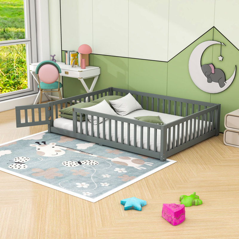 Wooden Bed With Slats And Safety Guardrails, Gray, Full