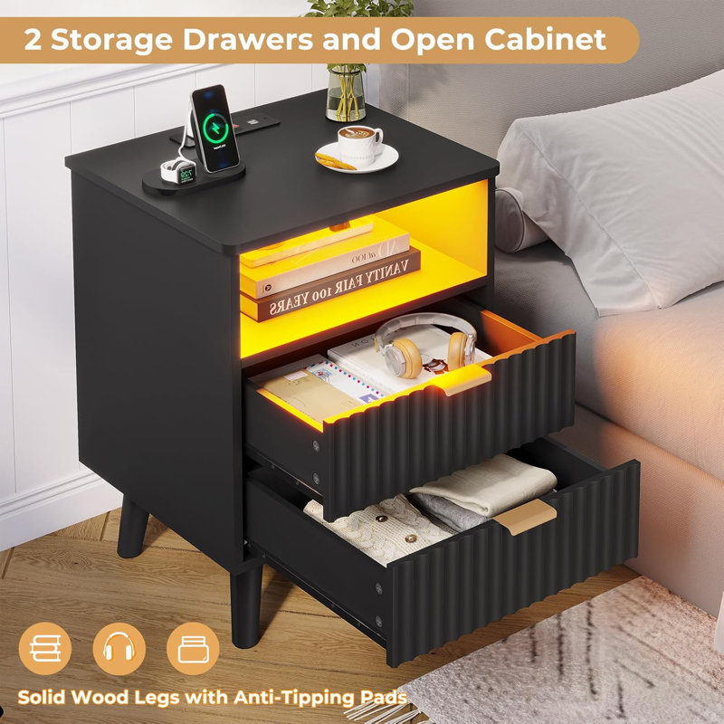 Fluted Nightstand with Charging Station - 2 Drawer Night Stand, Curved Bedroom End Table, Black, Black