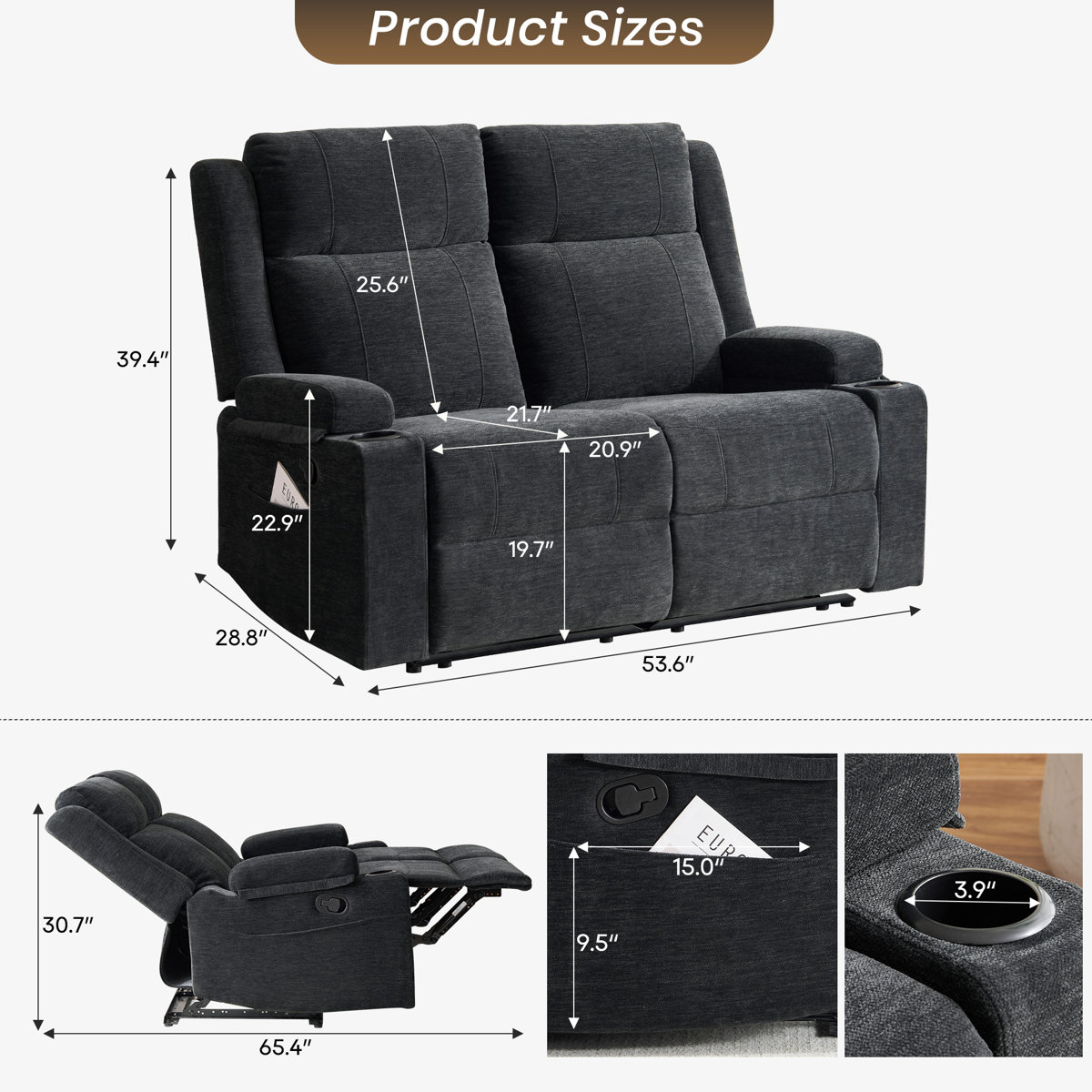Ebern Designs Modern Chenille Manual Reclining Loveseat With Cup ...