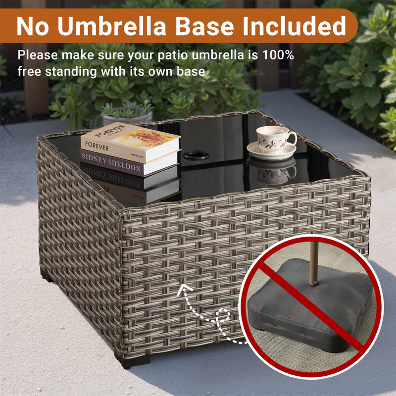 Square Wicker/Rattan Outdoor Coffee Table With Umbrella Hole, Brun