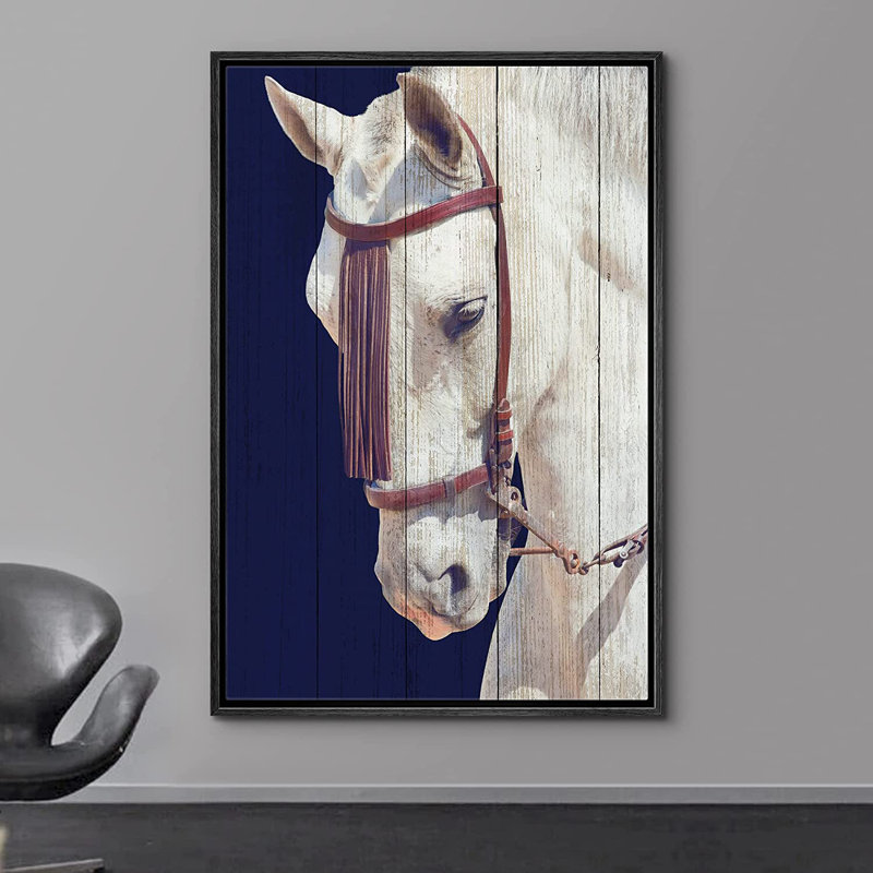 "Cheval de course", cheval sur étalon blanc - cadre flottant, impression sur toile, Cadre noir, H 24 po x l 16 po x P 1,5 po