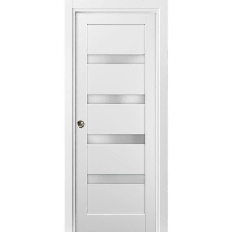 White Silk Solid Core Pocket Door with Frosted Glass Panel