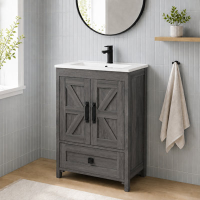 Meuble-lavabo de 61 cm (24 po) avec lavabo en céramique et rangement dissimulé (sans robinetterie) - Gris