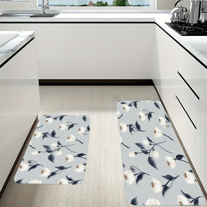 Ensemble de 2 tapis de cuisine élégants à motif de fleurs blanches