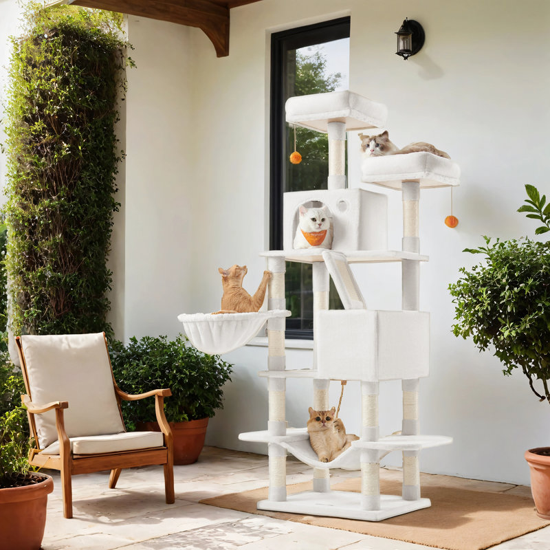 Arbre à chat avec 13 poteaux à griffer, condo pour chat à plusieurs niveaux, Blanc, crème