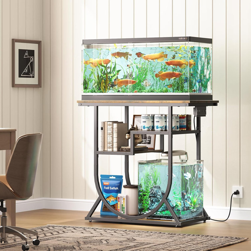 Support d'aquarium de 20 à 29 gallons avec prise de courant, support d'aquarium en U en métal avec tablettes de rangement, brun rustique