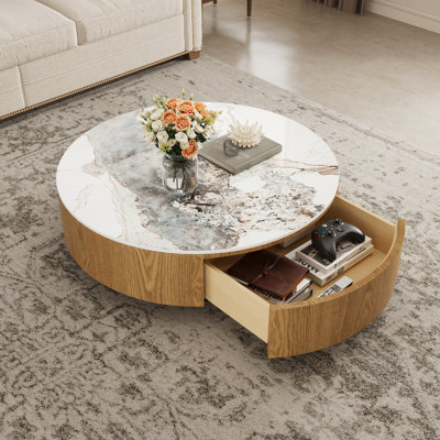 35"Modern Round Sintered Stone Coffee Table with Storage Drawer, Sintered Stone Top Cocktail Table Solid Wood Base, Stainless Steel Legs No Assembly Required