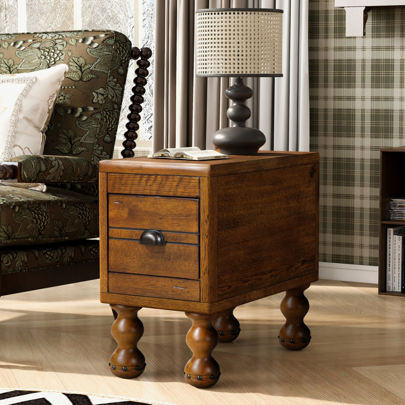 Table de chevet vintage en bois massif, rectangle 23,6 po avec tiroir, brun antique, installation rapide, Brun antique