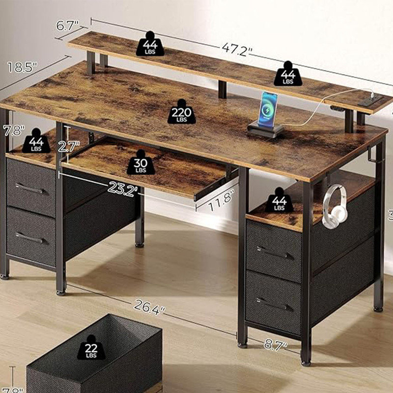 Seventable Computer Desk 47.2" with LED Lights & Power Outlets, Home Office Desk with 4 Drawers and Keyboard Tray, Work Desk for Home Office, Rustic Brown