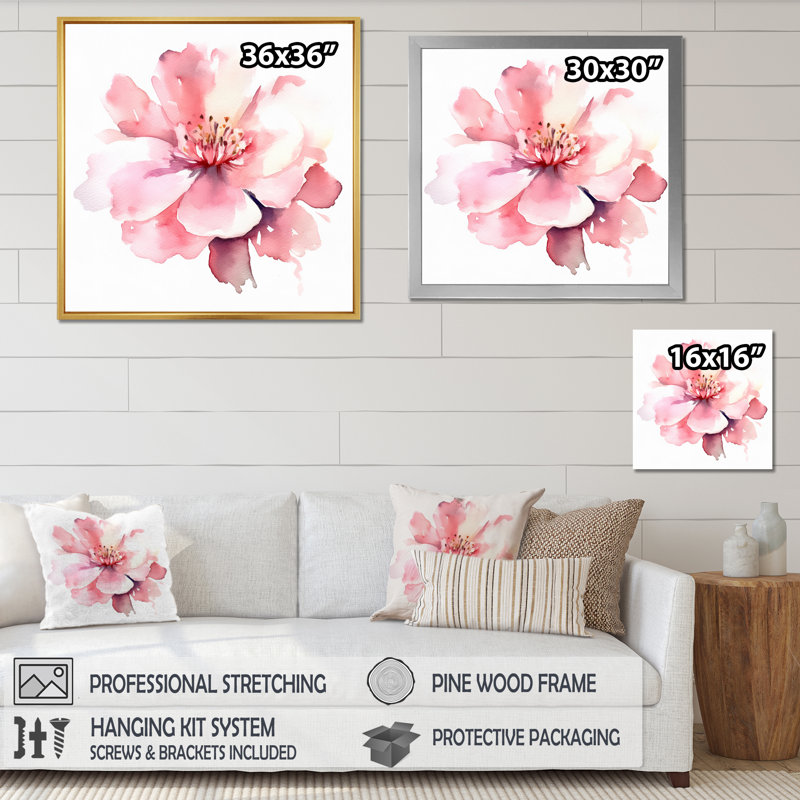 Délicate fleur d'hibiscus rose I sur toile, Cadre simple blanc, H 24 po x l 24 po x P 1 po