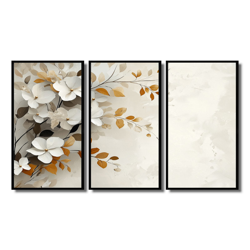 Ensemble de salon art mural cerisiers en fleurs gris brun et cerisiers en fleurs II, Toile avec cadre flottant noir