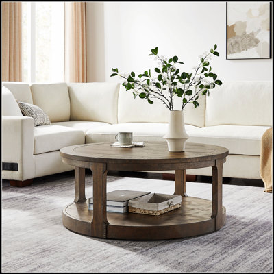 Grande table basse ronde traditionnelle à deux niveaux, incurvée, en bois, de 101,6 cm (40 pouces), avec roulettes, style rustique du milieu du siècle, idéale pour le salon, le bureau ou un appartement.