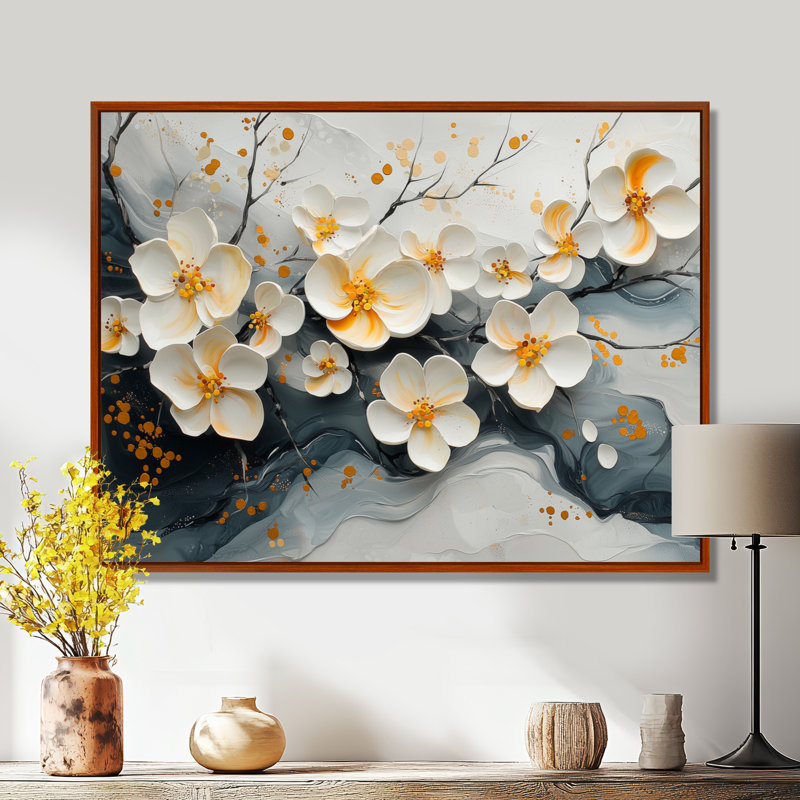 Velours noir fleurs de cerisier II - art mural fleur de cerisier, H 24 po x l 32 po, Cadre flottant, Brun