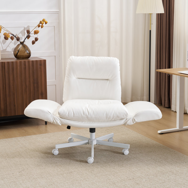 PU Leather Cross-Legged Swivel Home Office Chair Task Chair With Flip-Up Armrests, White