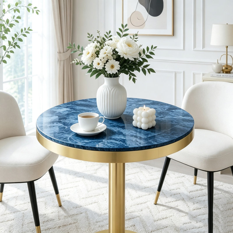 Table bistro 23,6 pouces en faux marbre avec bordure en acier inoxydable et piédestal doré, Bleu + or
