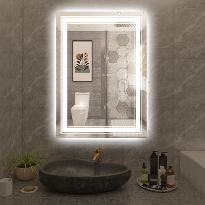  Miroir de salle de bain 28 po x 20 po à rebord noir avec lumières DEL, anti-buée, miroir de meuble-lavabo à intensité variable avec 3 températures de couleur et fonction mémoire, avant et rétro-éclairé, verre trempé résistant aux chocs, montage horizontal / vertical