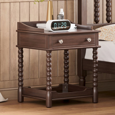 Table de chevet en noyer pour chambre à coucher - Design rétro avec tiroir et tablette ouverte, table de chevet avec pieds tournés en métal