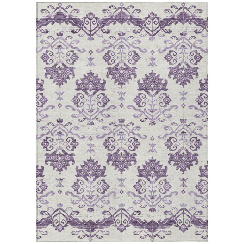 Tapis d'intérieur lavable 10 pi x 14 pi mauve à motif oriental argent et lilas