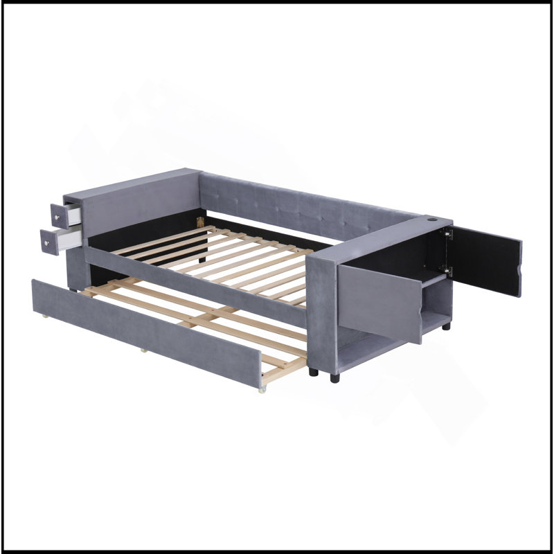 Lit simple tapissier avec rangement et lit gigogne simple, ports de chargement USB, velours français