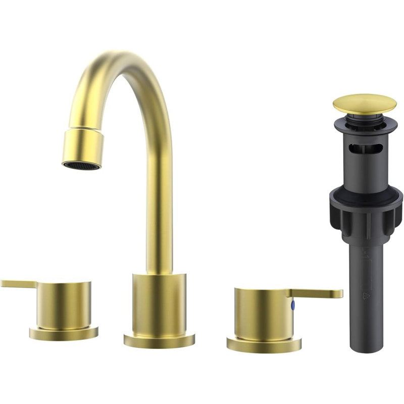 Widespread Bathroom Sink Faucet Brushed Gold 2 Handle 8 Inch Lavatory Faucet 3 Hole 360° Swivel Spout Vanity Sink Basin Faucets With Pop Up Drain Assembly
