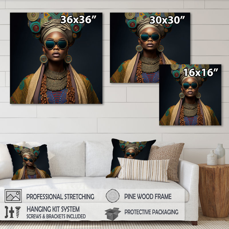 Princesse africaine avec bijoux en or - reproduction sur toile, L 36 po x H 36 po, Toile tendue
