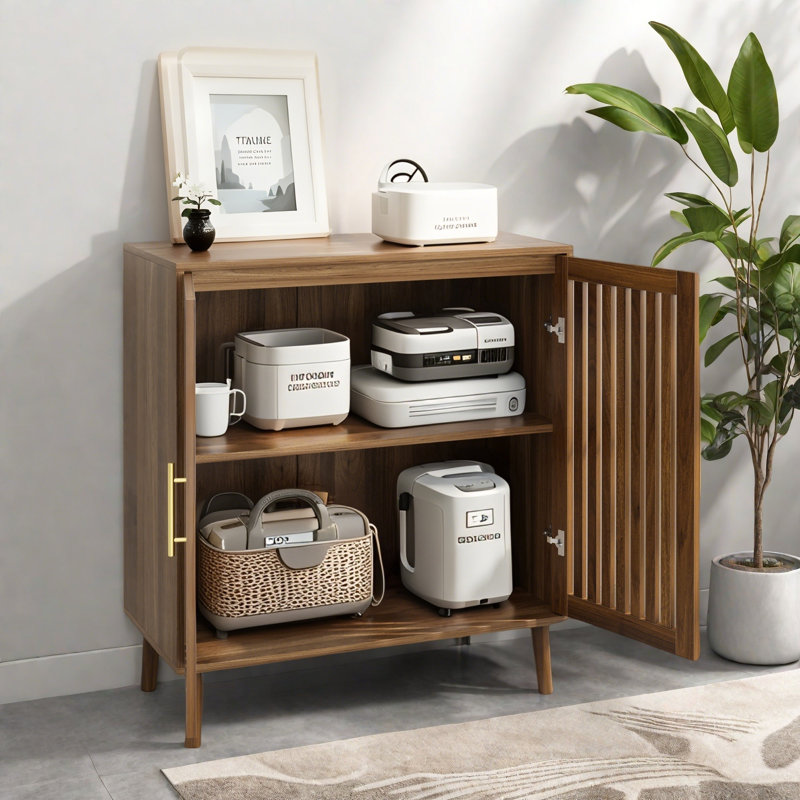 Modern Farmhouse Storage Cabinet - Walnut Slatted Door Sideboard