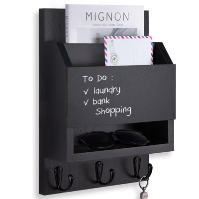 Key And Mail Holder For Wall, Key Holder With Chalkboard And Long Storage Box, Key Hanger With 3 Sturdy Hooks For Coat, Dog Leash, Entryway Mail Organizer (Black)
