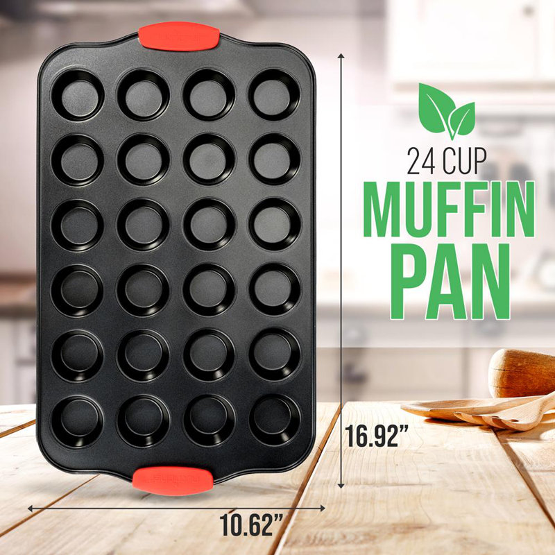 Moule à 24 muffins - Revêtement gris antiadhésif de luxe à l'intérieur et à l'extérieur avec poignées en silicone rouge, compatible avec le modèle: NCSBS10S (noir)