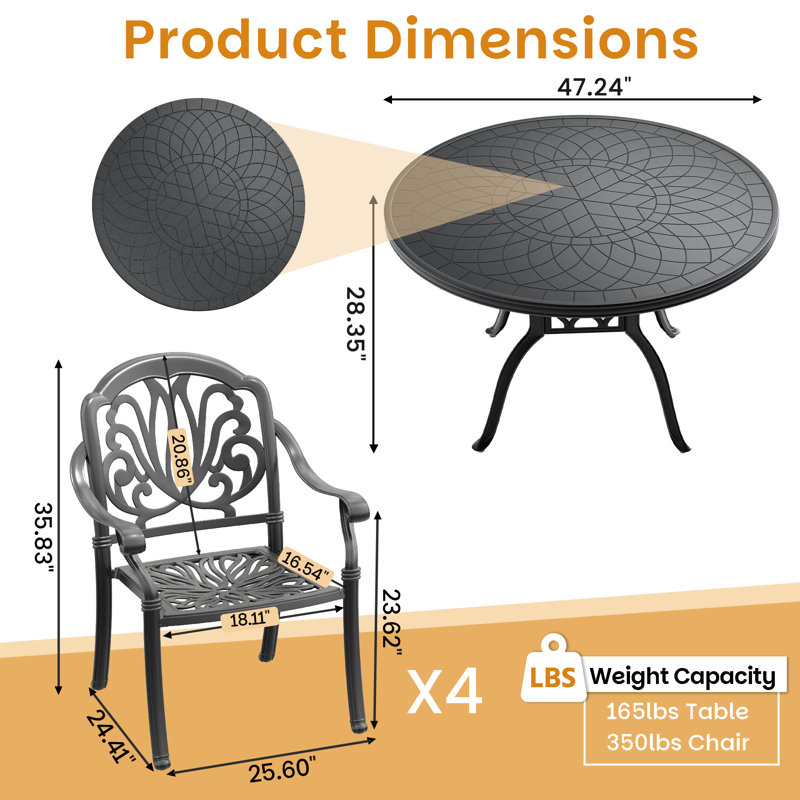 Ensemble de salle à manger d'extérieur rond 5 pièces de 120 cm (47,24 po) avec 4 chaises empilables et coussins bruns, 4