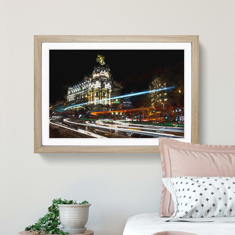Nigh time in Madrid Spain in Abstract - Picture Frame Graphic Art Print, 27cm H x 36cm W x 2cm D, Oak Framed