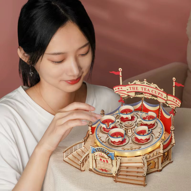 ROKR Magic Amusement Teacups Tilt-A-Whirl Ride Wooden Toy DIY Music Box Moveable 3D Wooden Puzzle For Kids Gifts For Christmas