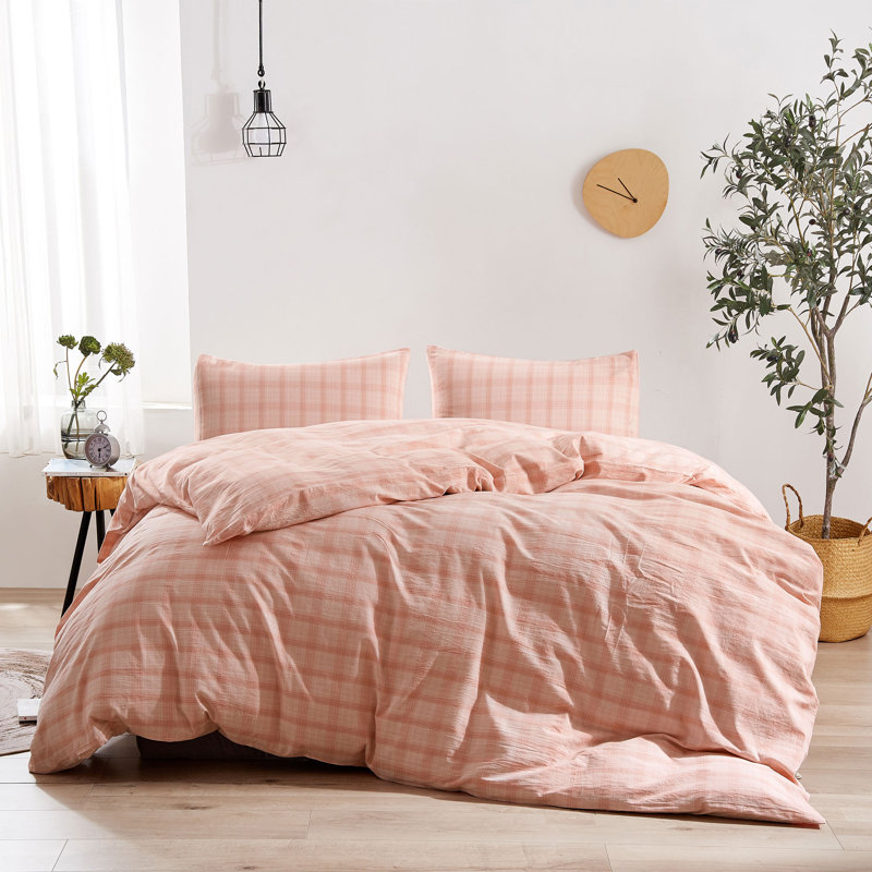 Kulkata Cotton Plaid Duvet Cover, King Duvet Cover + 2 Shams, Pink