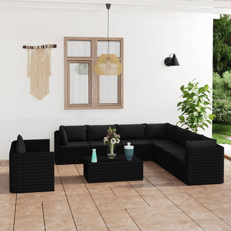 Wide Patio Sofa with Cushions, 11 Pcs: 2 Table, 5 Corner, 4 Middle, Black