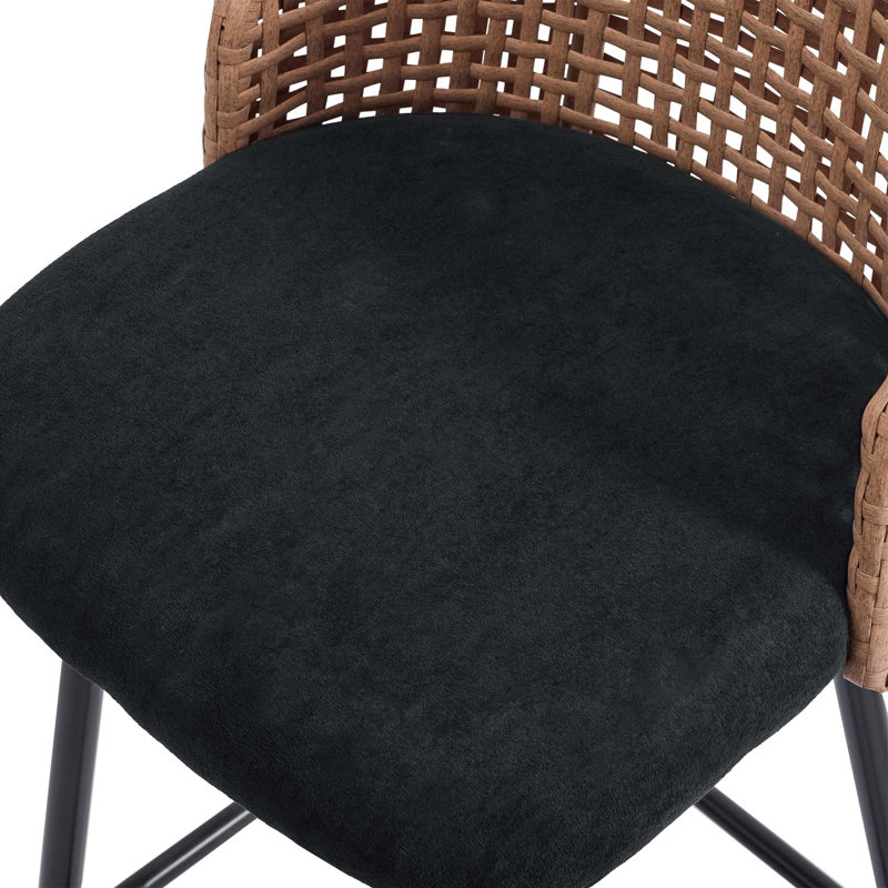 Upholstered Black Rattan Full Back Counter Swivel Bar Stool, Black