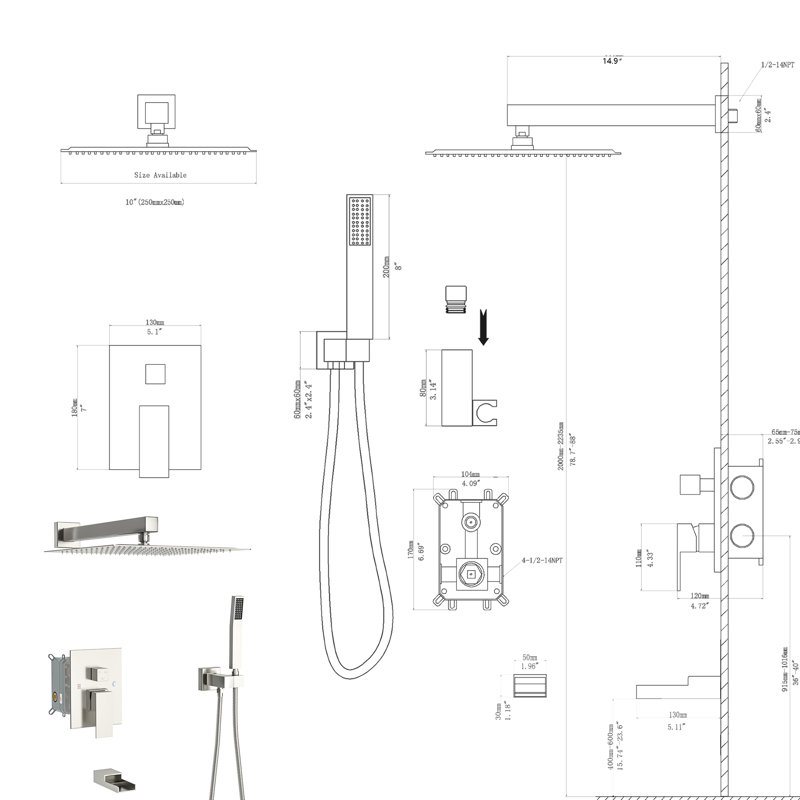 Système de douche carré 10 po en nickel brossé - Bec de baignoire cascade, 3 fonctions, douche à effet pluie, élément portatif avec bec 10 po mural, carré, douchette de pluie, installation