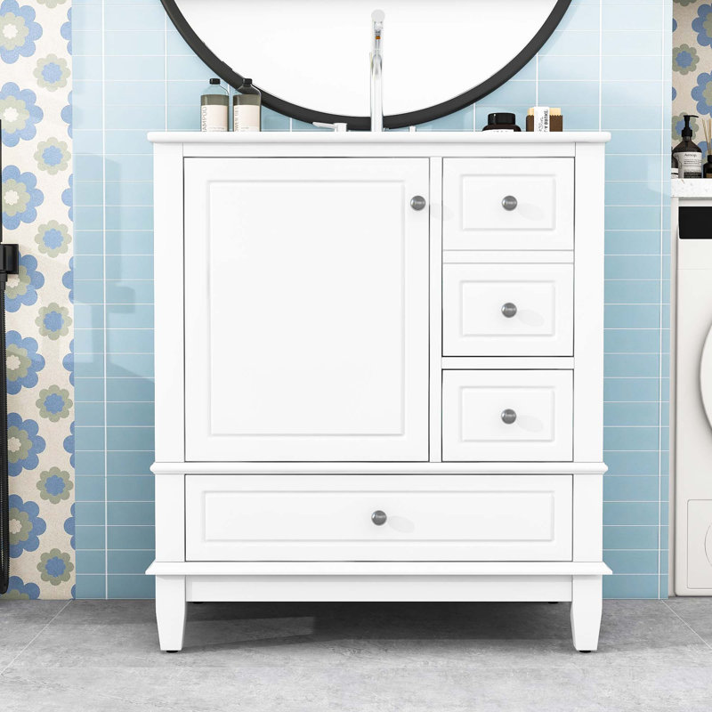 Meuble-lavabo avec lavabo, tablette et trois tiroirs, Blanc