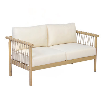Oversized Acacia Wood Outdoor Lounge Loveseat with Beige Rope and Cream Cushions