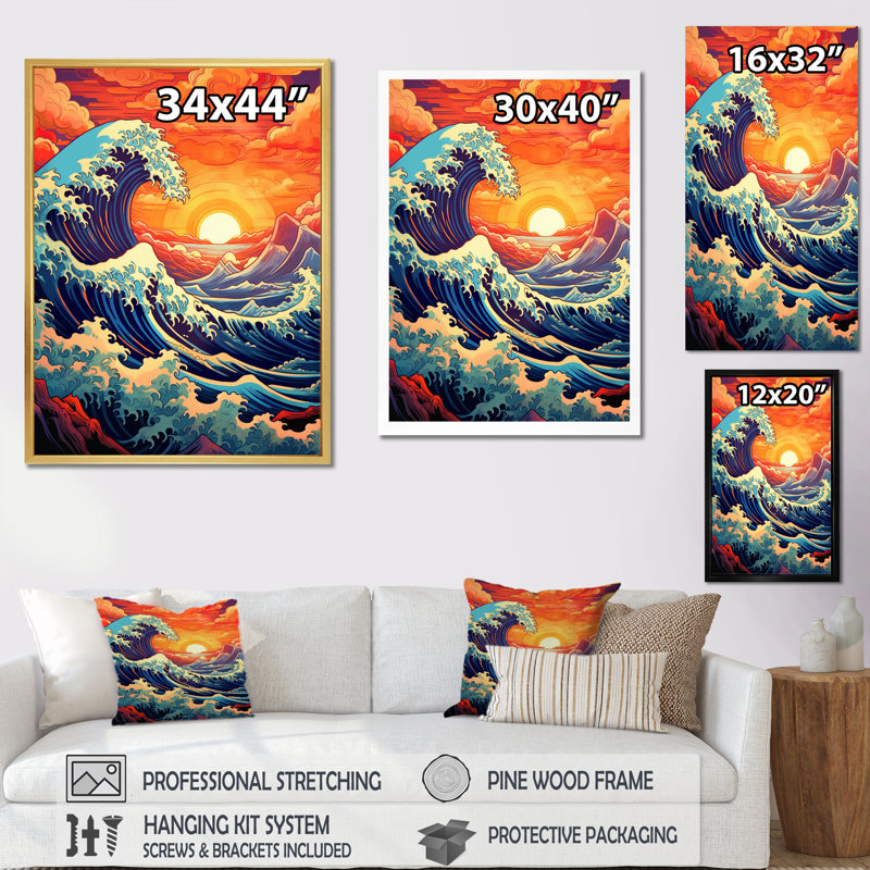 «Majestic Sunset Wild Waves Breaking Retro», reproduction sur toile encadrée, H 32 po x l 24 po x P 1 po, Toile tendue
