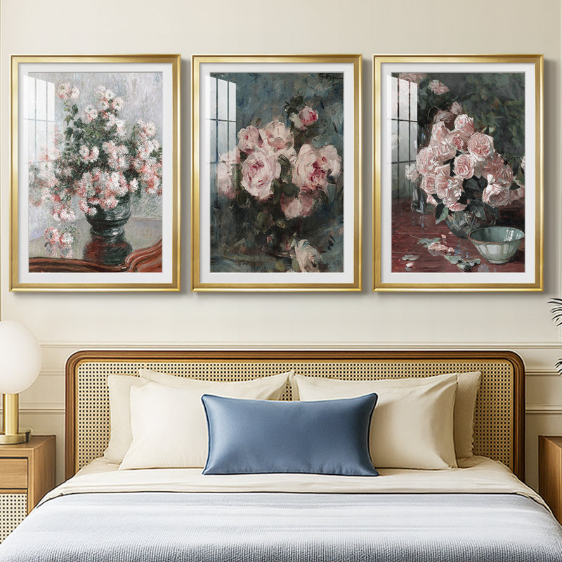 Imprimé floral rétro CCL XXVI - impression encadrée sur mesure de qualité supérieure - 3 pièces, H 27 po x l 39 po, Doré