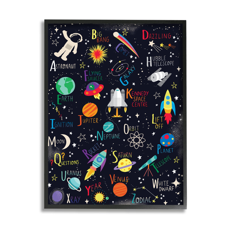 Outer Space Fun Alphabet Kid's ABC - Art textuel, H 30 po x l 24 po x P 4 po, Giclée encadrée noir minuit