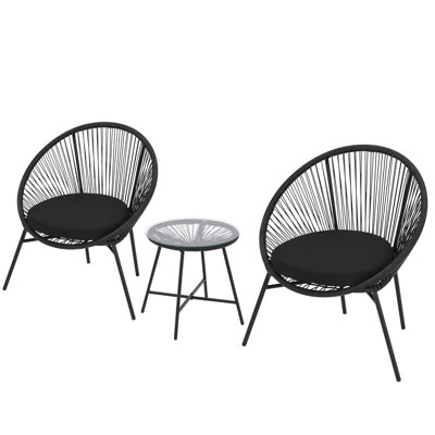3 Piece Rattan Bistro Set, Outdoor Wicker Patio Furniture Set with 2 Chairs and Glass Coffee Table for Backyard Balcony Garden