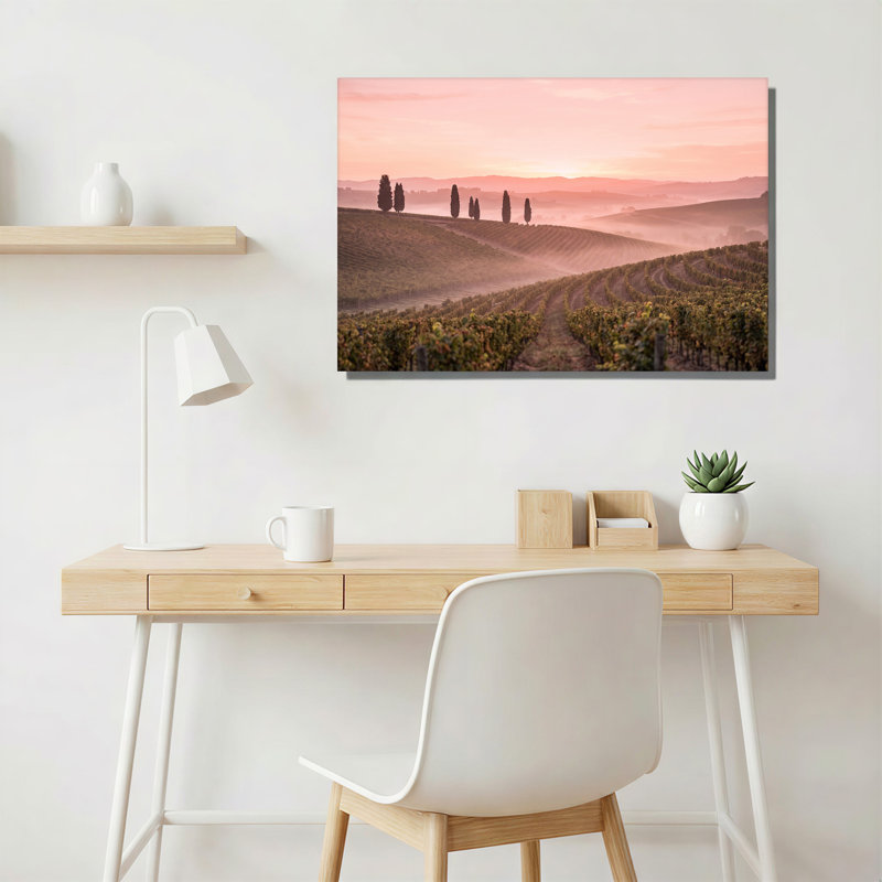«Vineyard Rows with Cypress Trees and Pink Morning Sky», art mural sur toile, H 16 po x l 24 po