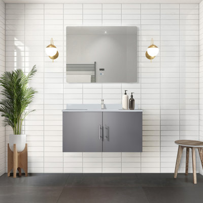 Gris foncé 36 po Meuble-lavabo, robinet, miroir à DEL - et meuble-lavabo à rayures avec surface