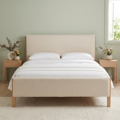 Modern Japandi Queen Wood Upholstered Platform Bed with Flat-Panel Headboard and Square Wood Legs, White