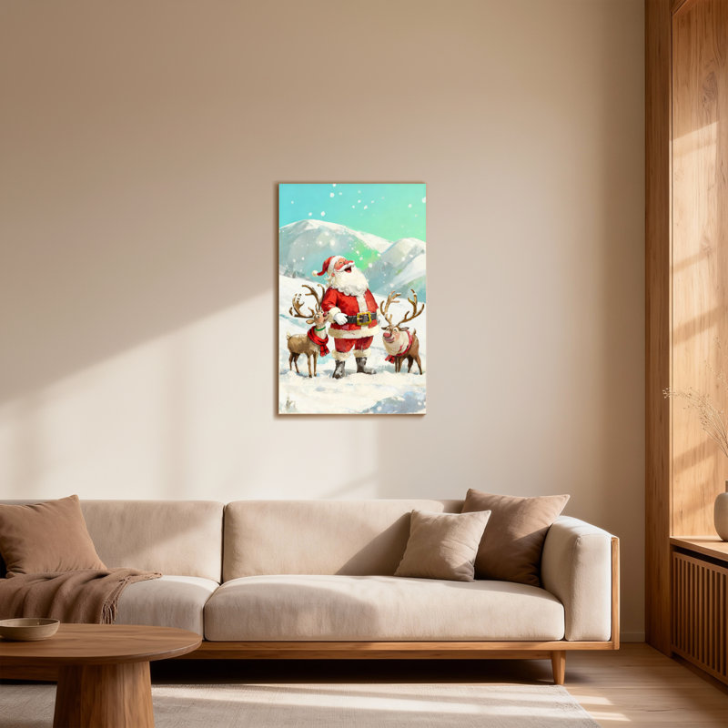 Noël père Noël avec renne dans un paysage enneigé