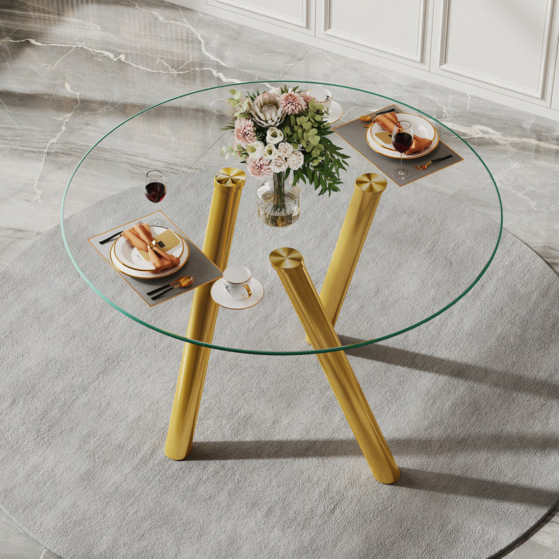 Table de salle à manger 35 pouces en verre trempé avec pieds robustes en métal, Gold