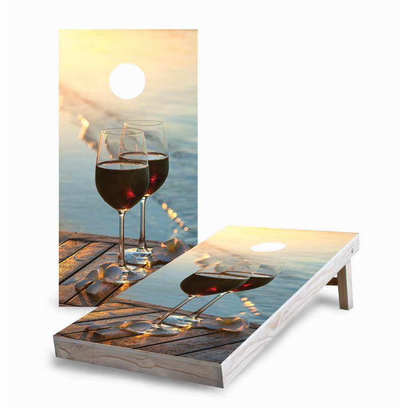 Ensemble de planche de jeu cornhole 2 x 4 Sunset Red Wine on the Beach | Comprend (2) planches (8) sacs et accessoires optionnels
